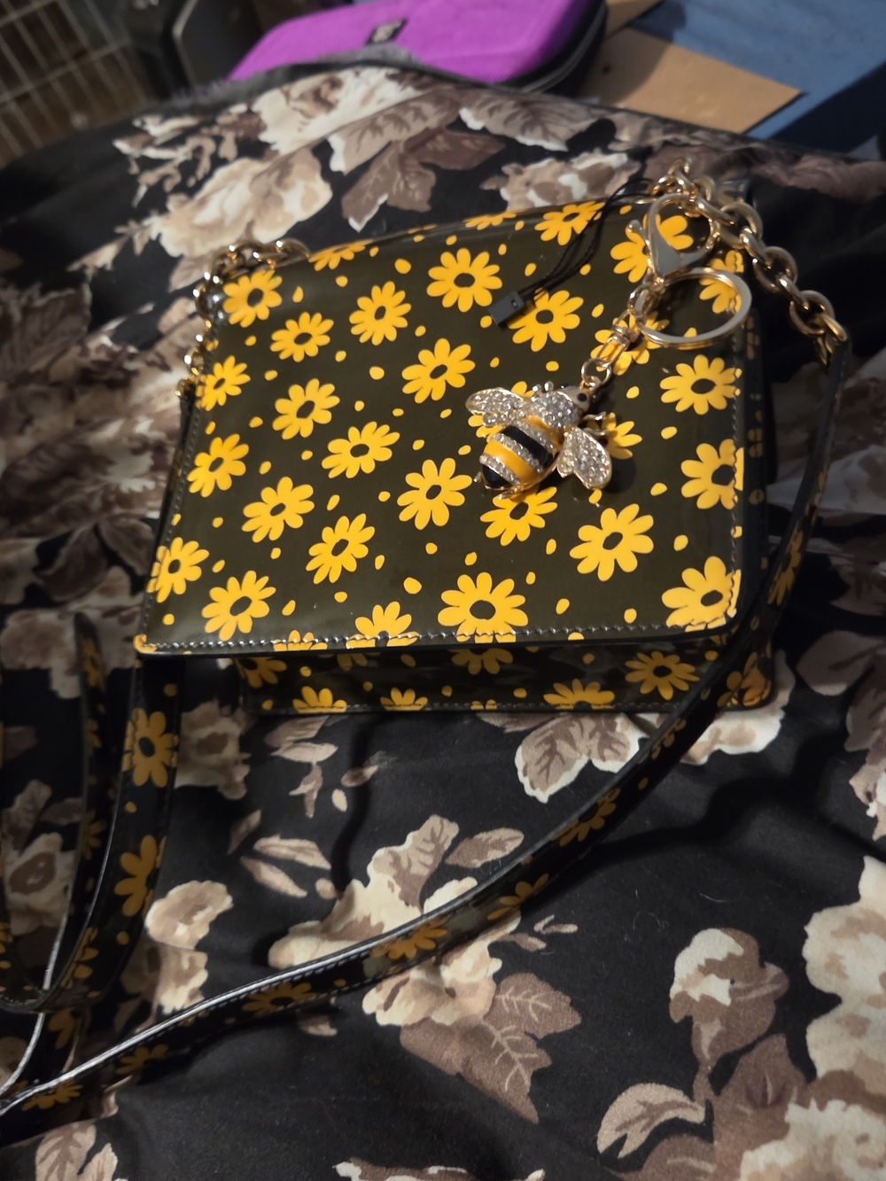 Dolce & Gabbana Black Crossbody Bag with Yellow Daisy Print & Bee Charm - Picture 4 of 4